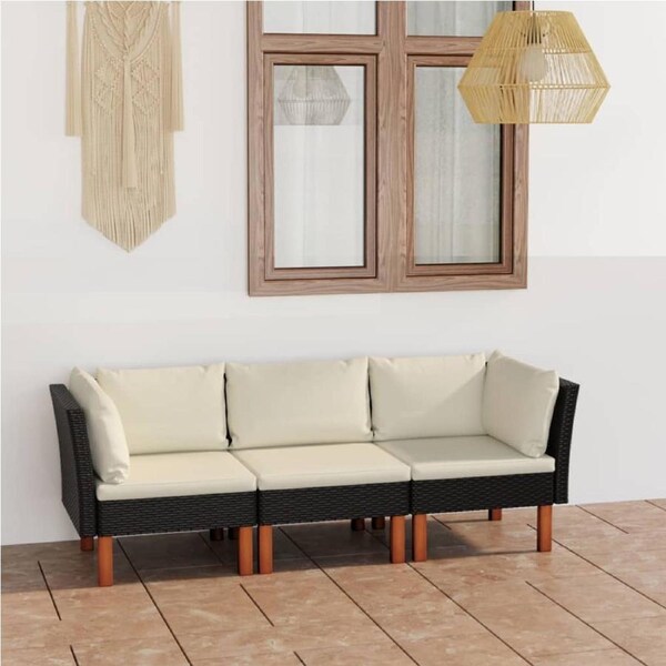 3-Seater Garden Sofa with Cushions Black Poly Rattan vidaXL
