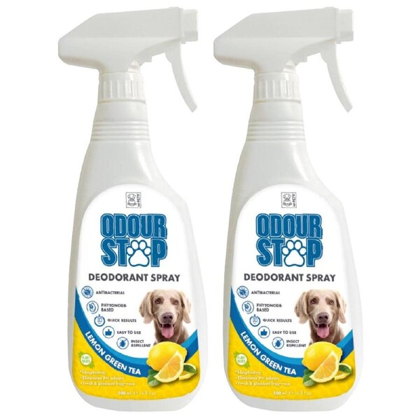 2x M-Pets Dog/Pet Antibacterial 500ml Deodorant Repellent Spray Lemon Green Tea