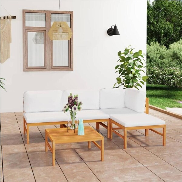 5 Piece Garden Lounge Set with Cream Cushions Solid Teak Wood vidaXL