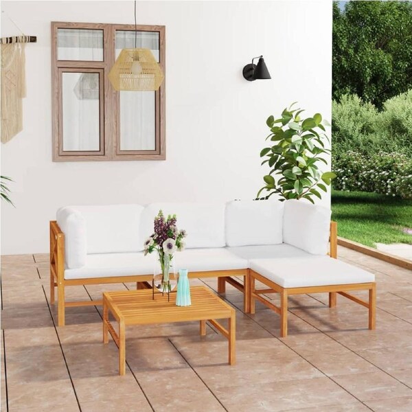 5 Piece Garden Lounge Set with Cream Cushions Solid Teak Wood vidaXL