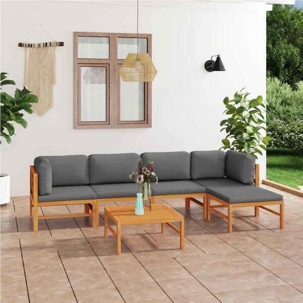 6 Piece Garden Lounge Set with Grey Cushions Solid Teak Wood vidaXL