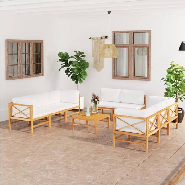 9 Piece Garden Lounge Set with Cream Cushions Solid Teak Wood vidaXL