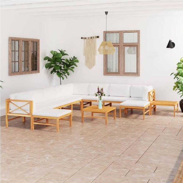 12 Piece Garden Lounge Set with Cream Cushions Solid Teak Wood vidaXL