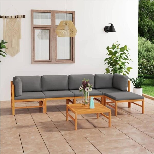 6 Piece Garden Lounge Set with Grey Cushions Solid Teak Wood vidaXL