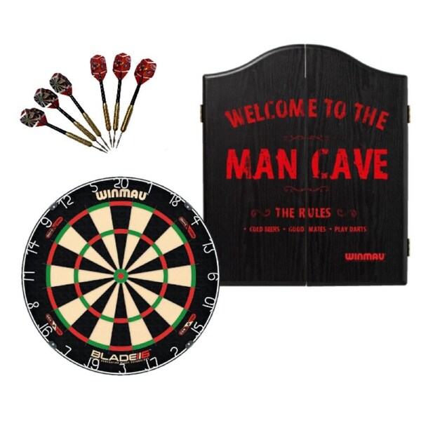 Winmau Blade 6 DUAL CORE Dart Board + Winmau Man Cave Cabinet + Darts Set