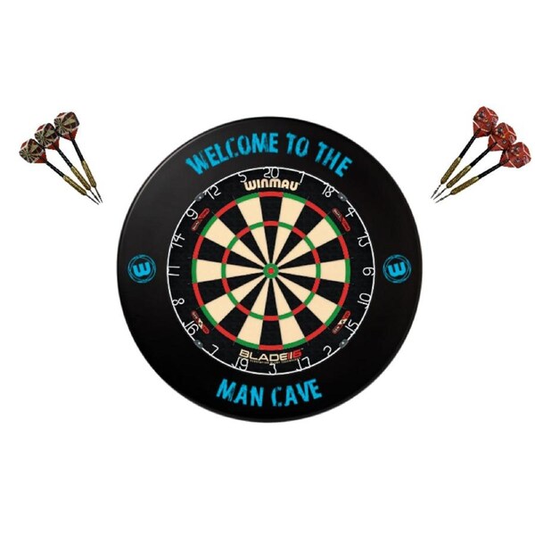 Winmau Blade 6 DUAL CORE Dart Board + Man Cave Dartboard Surround + Darts