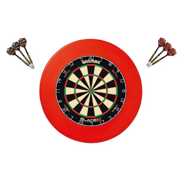 Winmau Blade 6 DUAL CORE Dart Board + Red Dartboard Surround + Darts