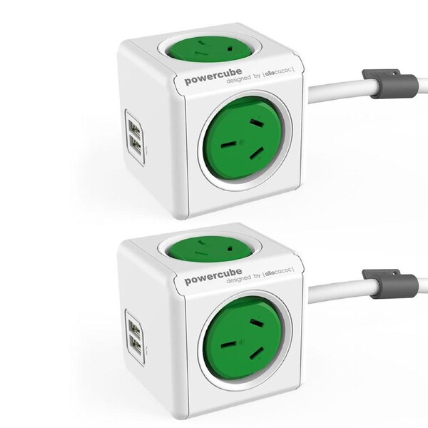 2x PowerCube 4 Socket Mountable Power Board w/1.5m Cord/2 USB Charger 240v Green