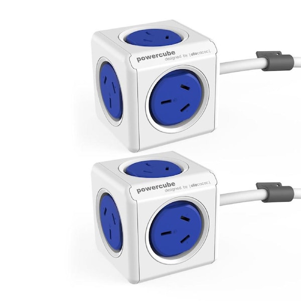 2x PowerCube 5 Socket Mountable Power Board 1.5m Extension Cord 240V Surge Blue