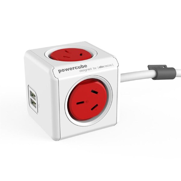 PowerCube 4 Socket Mountable Power Board w/3m Cord/Dual USB Charger 240v Red
