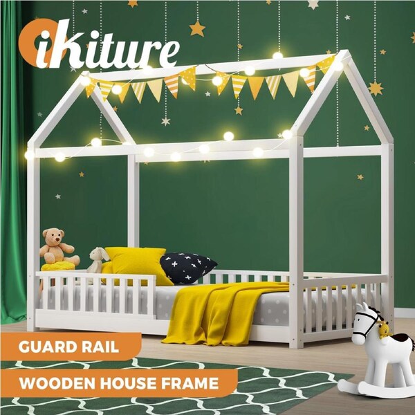 Oikiture Kids Bed Frame Wooden Single Timber House Frame Mattress Base White