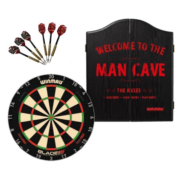 Winmau Blade 6 TRIPLE CORE Dart Board + Man Cave Cabinet + Darts Set