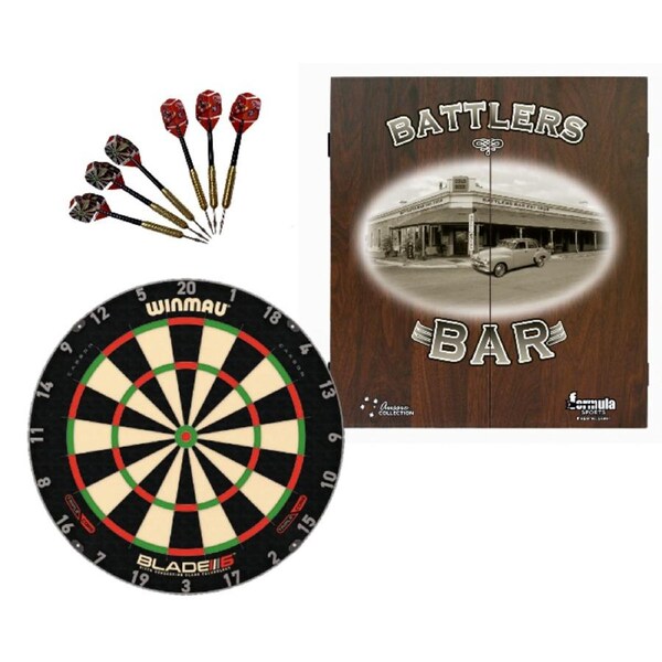 Winmau Blade 6 TRIPLE CORE Dart Board + Battlers Bar Cabinet + Darts Set