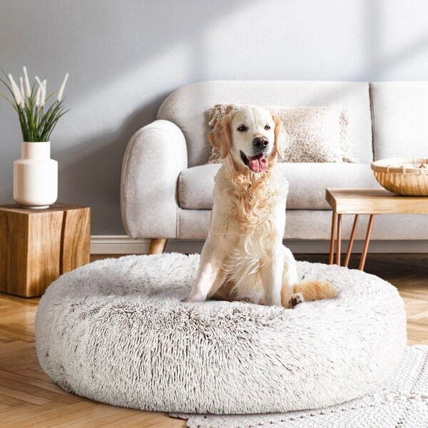 i.Pet Dog Bed Pet Beds 90cm Large Calming Soft Plush White Brown