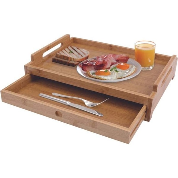 Bamboo Food Serving Wooden Tray w/ Pull Out Storage Drawer (43 x 31 x 10cm)