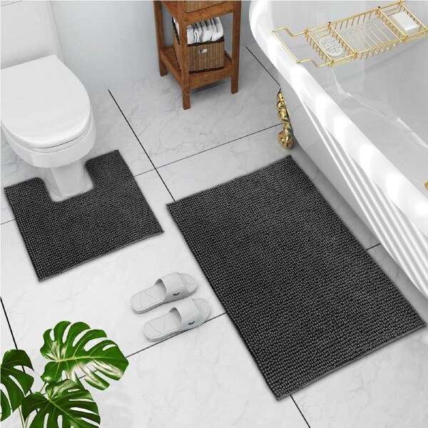 LINENOVA 2 Pieces 1200GSM Bath Mat Toilet Root Mat Set 100% Chenille(Charcoal)