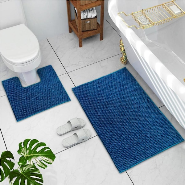LINENOVA 2 Pieces 1200GSM Bath Mat Toilet Root Mat Set 100% Chenille(Navy)