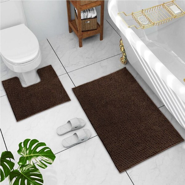 LINENOVA 2 Pieces 1200GSM Bath Mat Toilet Root Mat Set 100% Chenille(Chocolate)