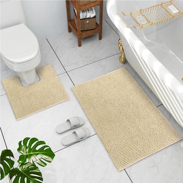 LINENOVA 2 Pieces 1200GSM Bath Mat Toilet Root Mat Set 100% Chenille(LINEN)