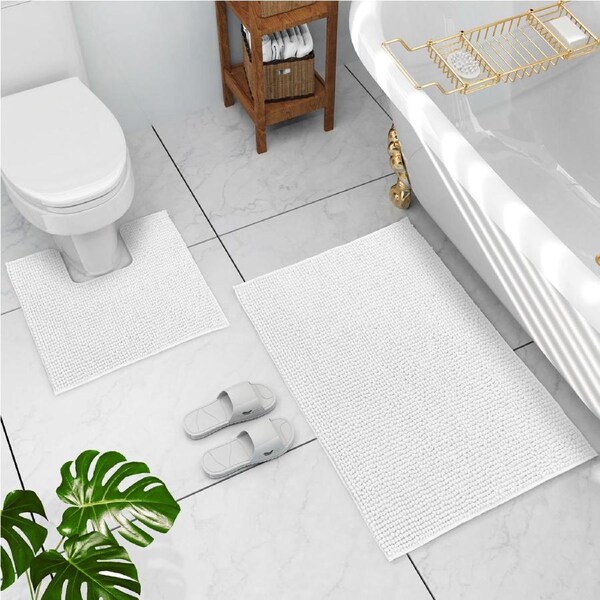 LINENOVA 2 Pieces 1200GSM Bath Mat Toilet Root Mat Set 100% Chenille(White)