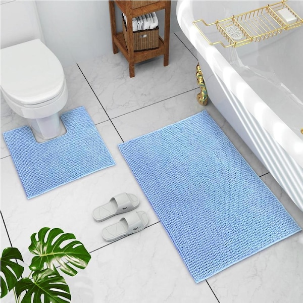 LINENOVA 2 Pieces 1200GSM Bath Mat Toilet Root Mat Set 100% Chenille(Blue)