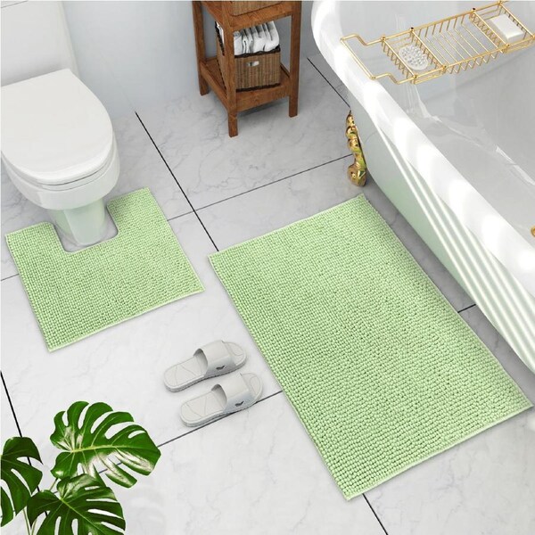 LINENOVA 2 Pieces 1200GSM Bath Mat Toilet Root Mat Set 100% Chenille(Pea-pod)