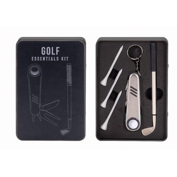 5pc IS Gift Golf Essentials Kit Pen/Multi-Tool Wooden Tees w/ Tin Can Set Black