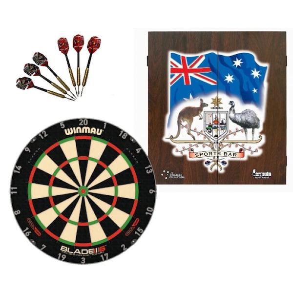 Winmau Blade 6 TRIPLE CORE Dart Board + Sports Bar Cabinet + Darts Set