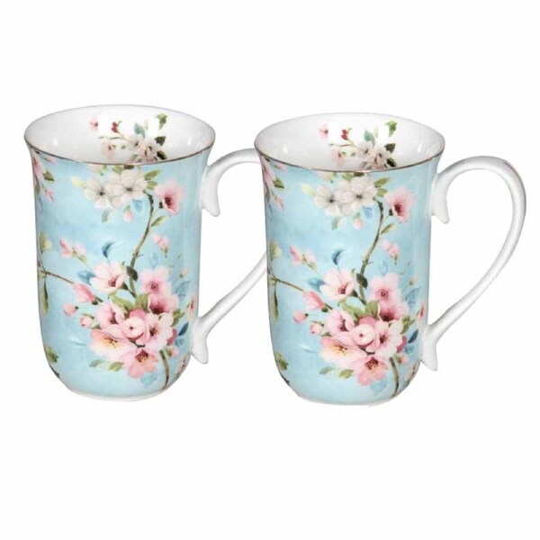 Elegant Kitchen Tea Coffee Peach Blossom Mugs Cups Set of 2