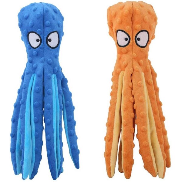Catzon 2 Pack Dog Squeaky Octopus Toys No Stuffing Crinkle Plush Dog Chew Toys for Puppy Teething-BlueOrange