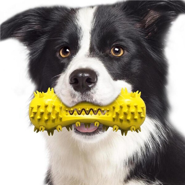 Catzon Dog Chew Toy Clean Teeth Interactive Squeaky Toy Dog Natural Rubber Indestructible Dog Toys-Yellow