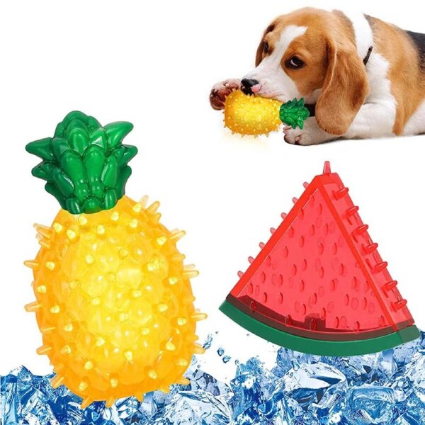 Catzon 2 Packs Pet Teether Cooling Chew Toys Freezable Teething Toy for Puppies-Watermelon Pineapple