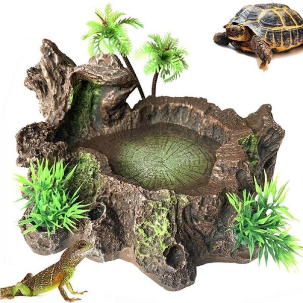 Catzon Resin Reptile Platform Artificial Tree Trunk Reptile Tank Decor Food Water Dish Bowl-ZR012