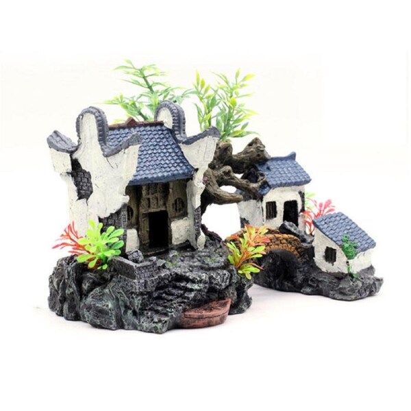 Catzon Aquarium House Decorations Resin Fish Hideout Hut Betta Cave Rock Landscape Ornament Gangnam Hut-Fairy Grass
