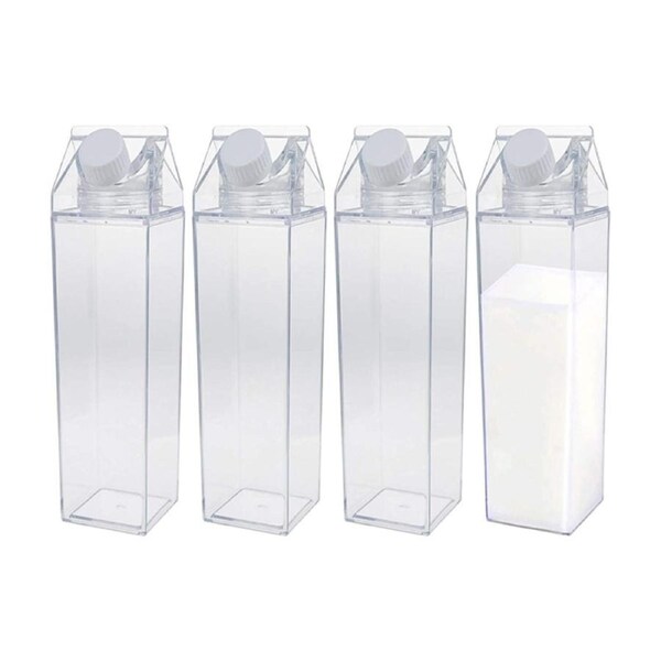 Catzon 4 Pack Transparent Portable Milk Water Bottle Square Juice Cup for Outdoor Sports