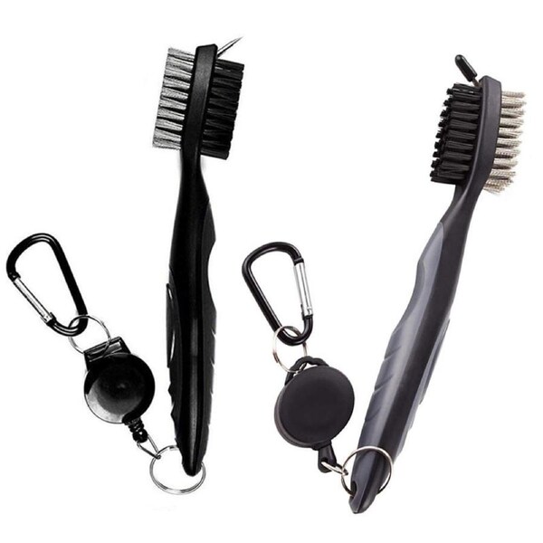 Catzon 2Pcs Golf Club Brush Groove Cleaner with Retractable Zip-line Carabiner-Gray Black