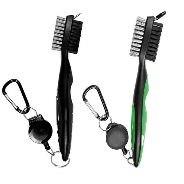 Catzon 2Pcs Golf Club Brush Groove Cleaner with Retractable Zip-line Carabiner-Green Black