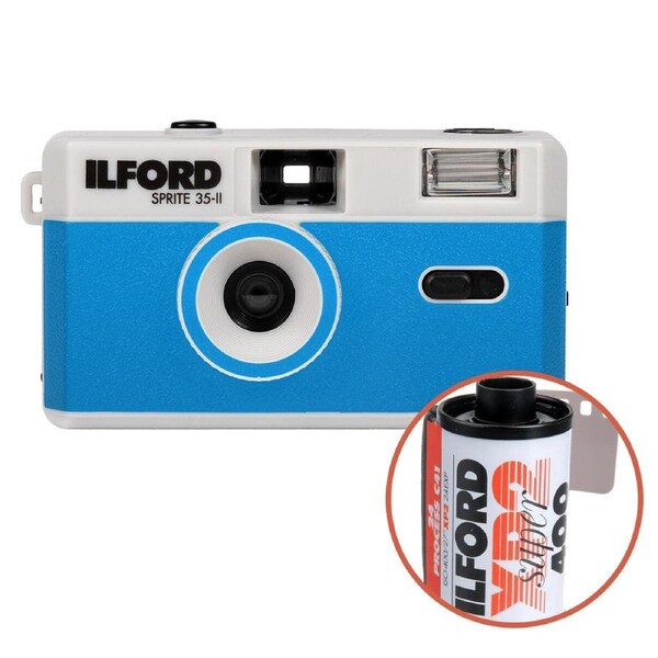 Ilford Sprite 35-II Reusable Camera - Silver & Blue with Ilford XP2 24 Film