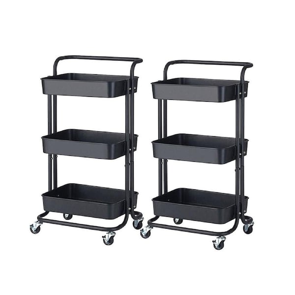 SOGA 2X 3 Tier Steel Black Movable Kitchen Cart Multi-Functional Shelves Storage Organizer with Wheels