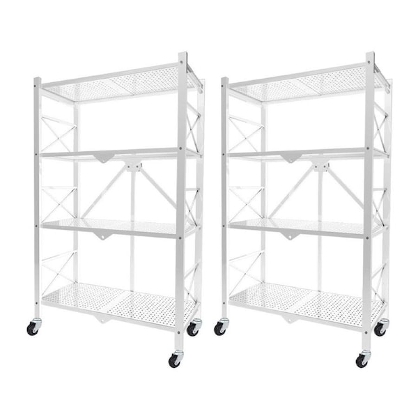 SOGA 2X 4 Tier Steel White Foldable Display Stand Multi-Functional Shelves Storage Organizer with Wheels