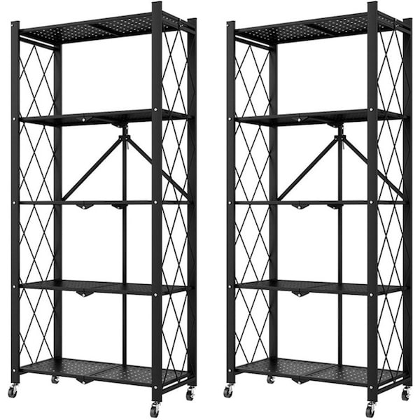 SOGA 2X 5 Tier Steel Black Foldable Kitchen Cart Multi-Functional Shelves Storage Organizer with Wheels