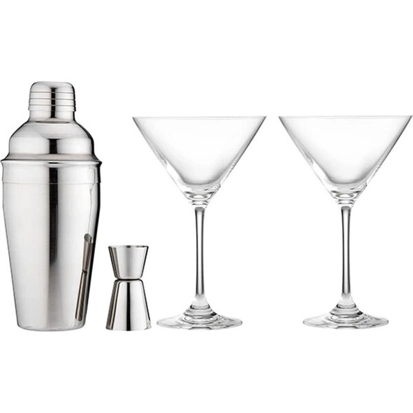 4pc Tempa Aurora Cocktail Drink Glass Set w/Shaker/Jigger/Martini Glasses Silver