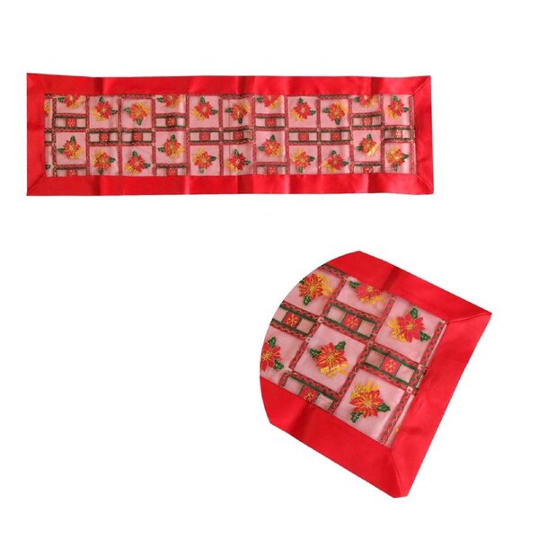 Red Festival Floral Sheer Organza Glitter Table Runner 40 x 138 cm Red