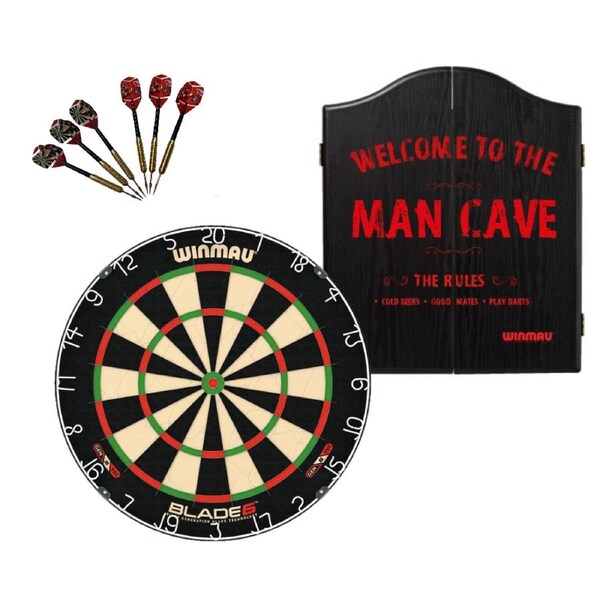 Winmau Blade 6 Dart Board + Man Cave Dartboard Cabinet + Darts Set
