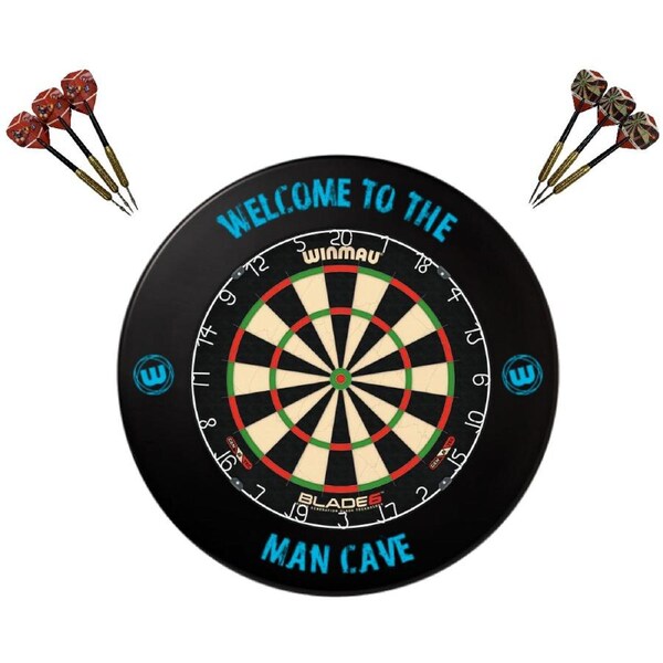 Winmau Blade 6 Dart Board + Man Cave Dartboard Surround + Darts Set