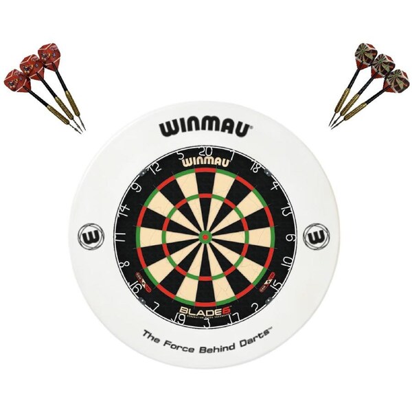 Winmau Blade 6 Dart Board + White Printed Dartboard Surround + Darts Set