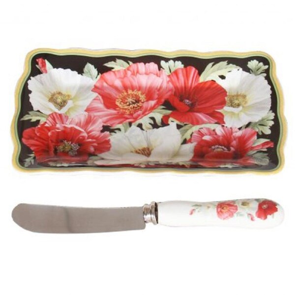 Elegant Kitchen Cheese Plate with Knife Black Poppies Set