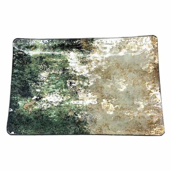Printed Glass Decorative Plate Polveri Green Gold Abstract Ornamental Rectangle