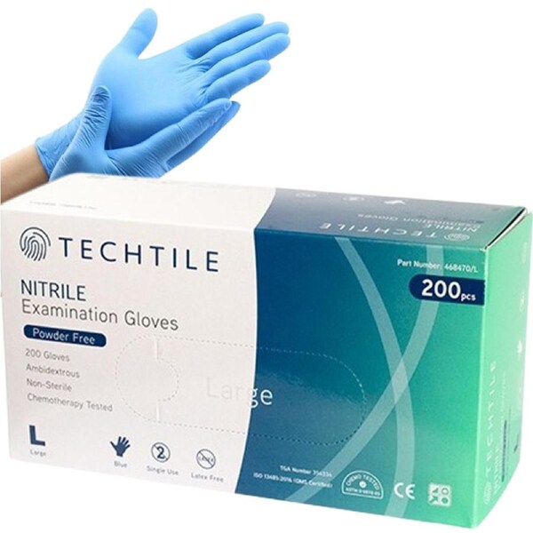 Techtile Blue Nitrile Powder Free Gloves TGA approved 3.5g Box of 200 - Small Size