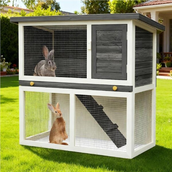 Advwin Rabbit Hutch 90cm x 45cm x 80cm Chicken Coop Bunny HouseWooden Pet House Outdoor 2 Level